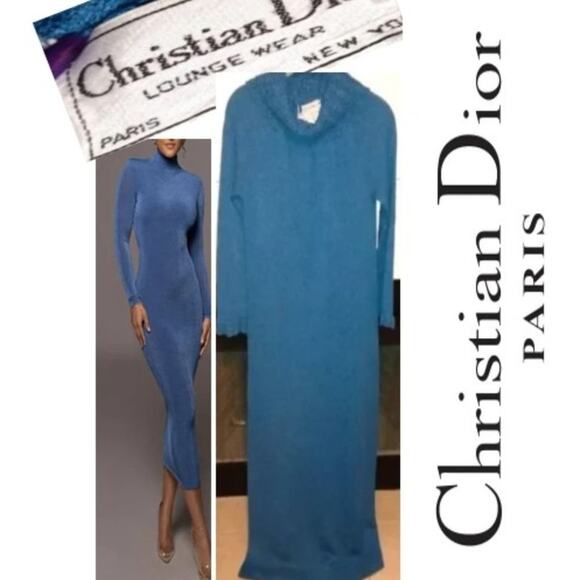 DIOR Maxi Knit Dress Sz S BLUE Turtleneck Luxe Bodycon Lounge Crochet RARE VNTG - Picture 4 of 16